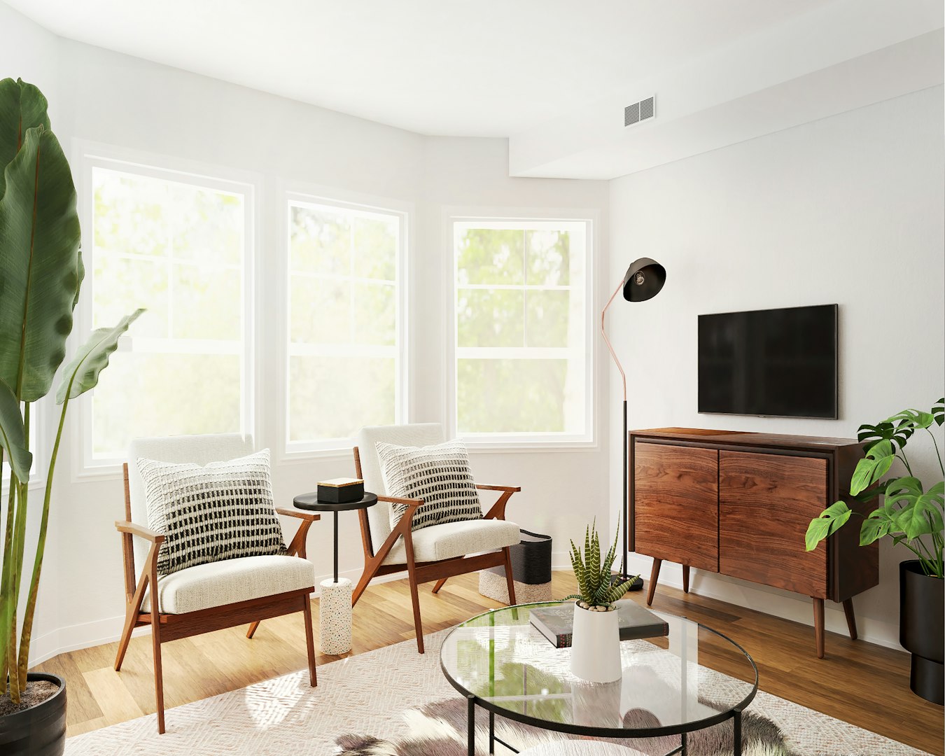 Bright clean modern living room with white furniture