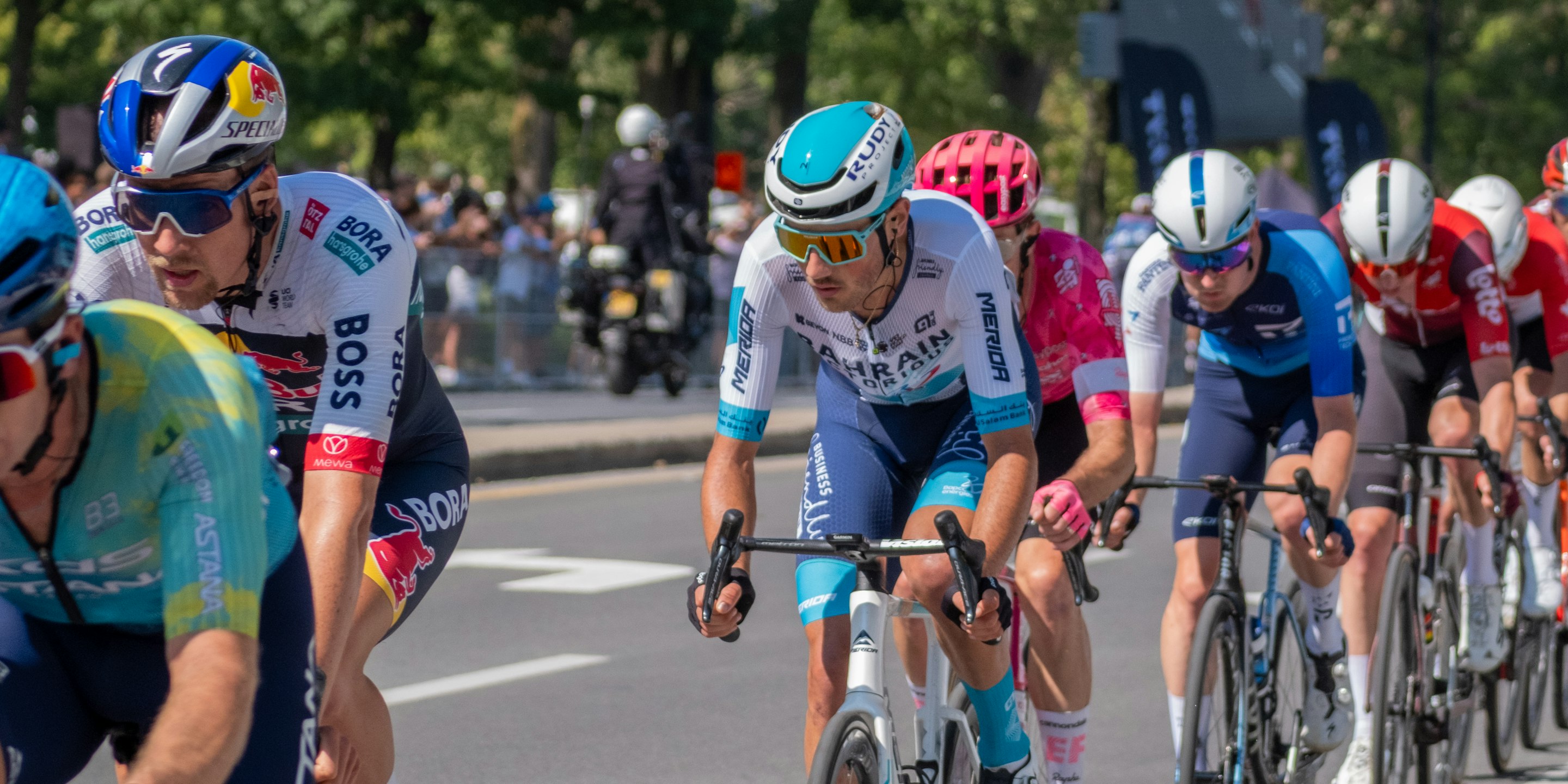 A group of cyclists riding together in matching team kit on an open road
