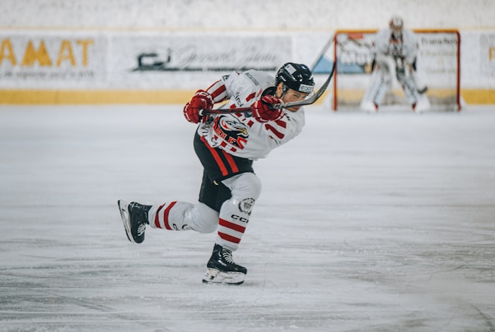 Cut-and-sew hockey socks in a fictional team colorway, completing the lower-body kit