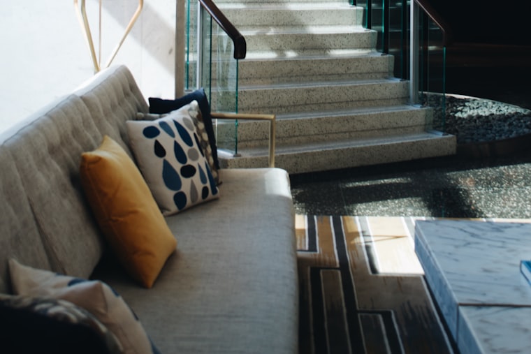 A printed feature wall in a hotel lobby or hospitality interior