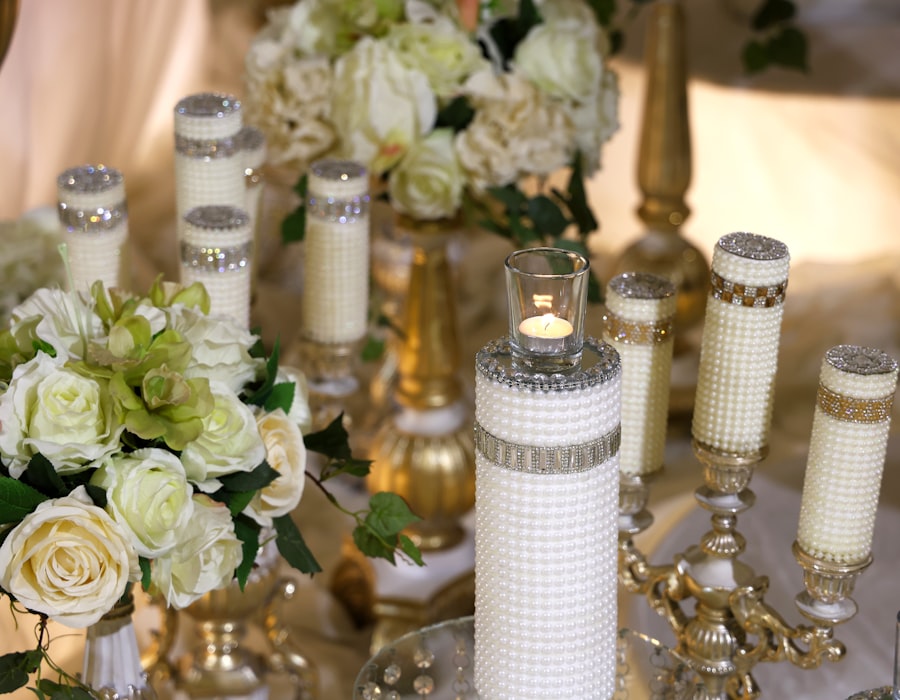 Elegant gold-themed wedding decor with candles and luxe accents