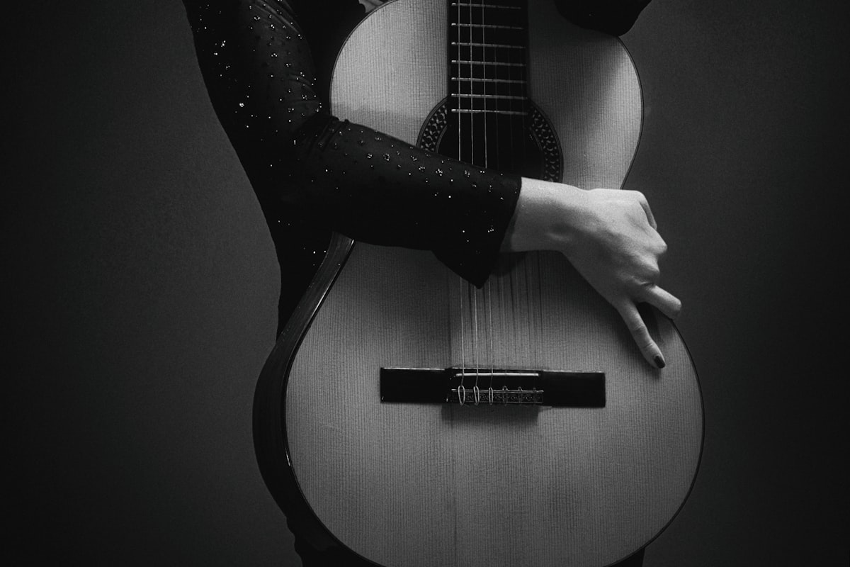 Portrait-style concert image of a cello and guitar duo