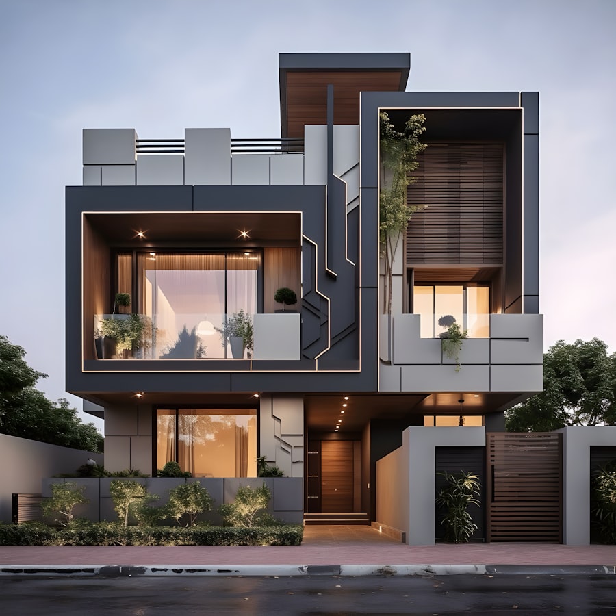 Modern property exterior at twilight